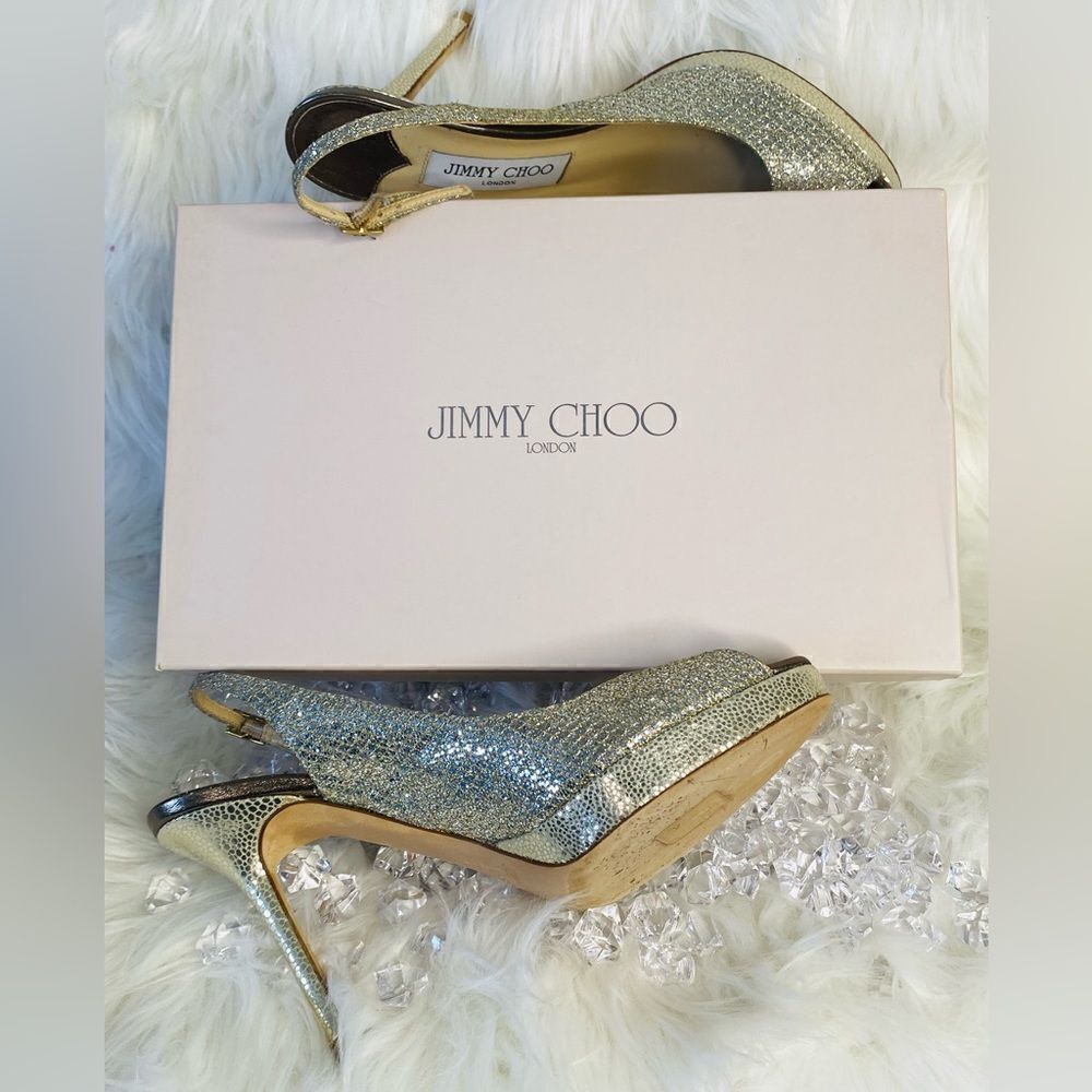 🛍️ Jimmy Choo Authentic Nova Champagne Glitter Peep-Toe Slingback Heels